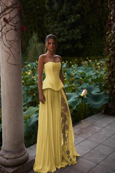 Yellow Two Pieces Strapless Lace Prom Dress Evening Formal Gown Tulle Party Birthday Dress