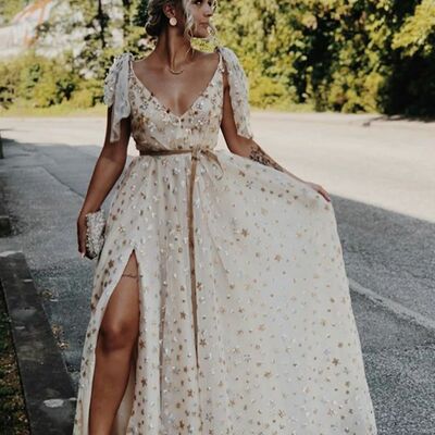 A line stars prom dresses side slit evening gowns formal party gowns - Thumbnail 3