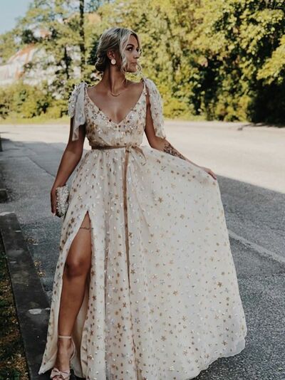 A Line Stars Prom Dresses Side Slit Evening Gowns Formal Party Gowns