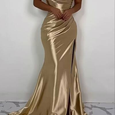 Simple mermaid scoop prom dress evening formal gown satin party birthday dress - Thumbnail 2