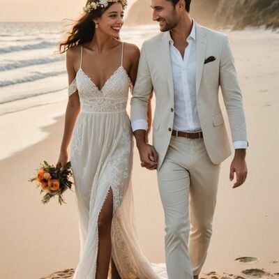 Beach boho wedding dress, a line lace bridal dress bridal gown - Thumbnail 2