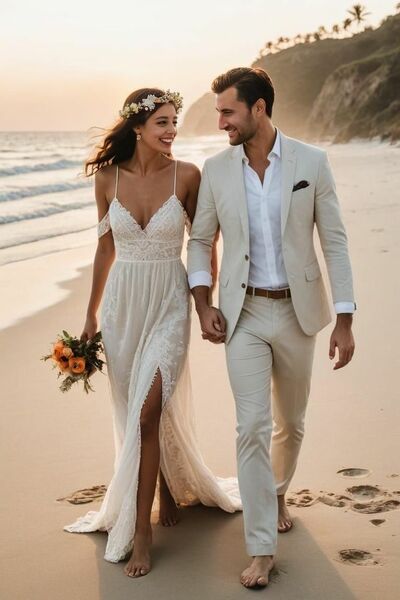 Beach Boho Wedding Dress, A Line Lace Bridal Dress Bridal Gown