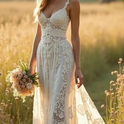 Beach boho wedding dress, mermaid lace bridal dress bridal gown