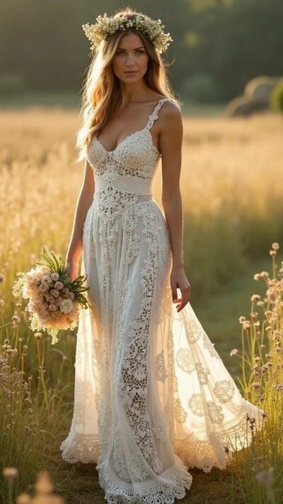 Beach Boho Wedding Dress, Mermaid Lace Bridal Dress Bridal Gown