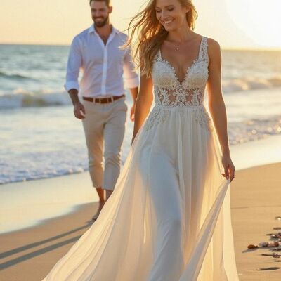 Beach boho wedding dress, mermaid lace bridal dress bridal gown