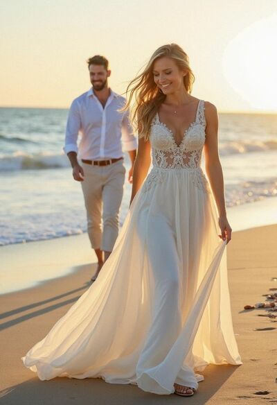 Beach Boho Wedding Dress, Mermaid Lace Bridal Dress Bridal Gown