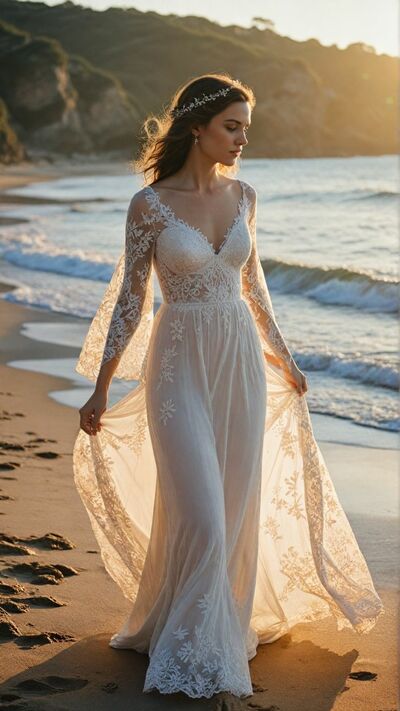 Beach Boho Wedding Dress, Mermaid Lace Bridal Dress Bridal Gown