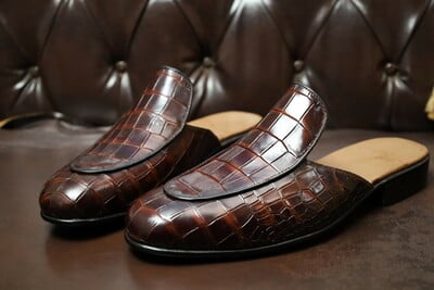 Crafted Leather Handmade Men Dress Shoes Classic Brown Crocodile Leather Alligator Mules 
