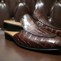 Crafted Leather Handmade Men Dress Shoes Classic Brown Crocodile Leather Alligator Mules  - Thumbnail 6
