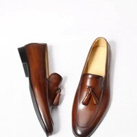 Handmade genuine leather loafers men's tassel leather shoes 2 colors - Thumbnail 1