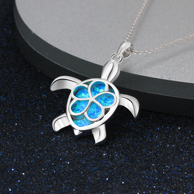 Cute turtle opal pendant necklace – 925 sterling silver charm on cross chain – electroplated animal jewelry for women