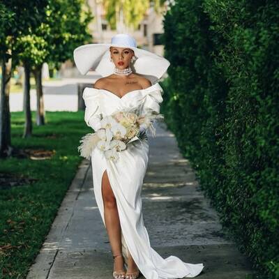 Elegant sheath wedding dress, off the shoulder side slit bridal dress bridal gown