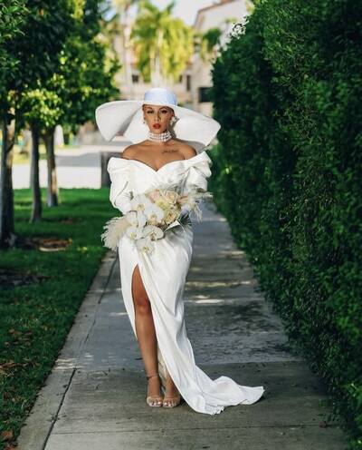 Elegant Sheath Wedding Dress, Off the Shoulder Side Slit Bridal Dress Bridal Gown