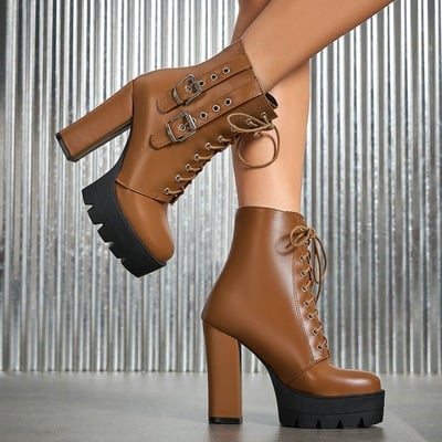 Belted lace up high heels ankle boots