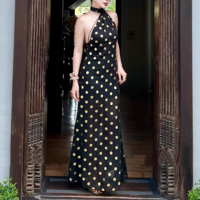Elegant halterneck backless polka dot chiffon slim-fit maxi dress