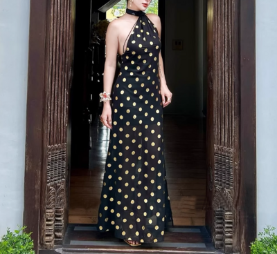Elegant halterneck backless polka dot chiffon slim-fit maxi dress