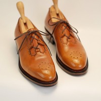 Handmade Men's Tan Leather New Style Brogue Lace Up Dress Shoes - Thumbnail 1