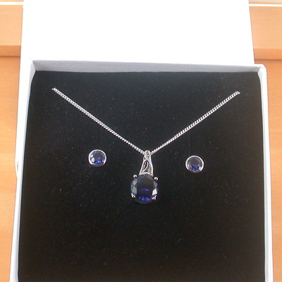 Boxed gift set/925 sapphire (lab created) gemstone pendant & chain/sapphire jewelry/silver sapphire necklace/sapphire earrings/uk