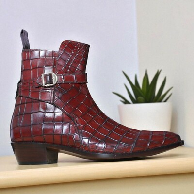 Hand painted men's burgundy alligator texture jodhpurs boots