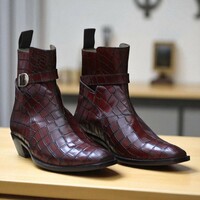 Hand Painted Men's Burgundy Alligator Texture Jodhpurs Boots - Thumbnail 5