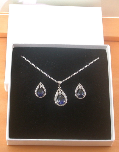 BOXED GIFT SET/925 Sapphire & Cz (Lab Created) Gemstone Pendant & Chain/Sapphire Jewelry/Silver Sapphire Necklace/Sapphire Earrings/UK