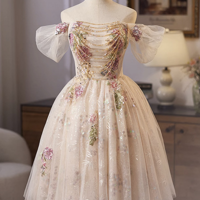 Champagne tulle sequins short a-line prom party dress - Thumbnail 1