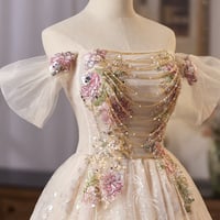 Champagne Tulle Sequins Short A-Line Prom Party Dress - Thumbnail 1