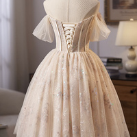 Champagne Tulle Sequins Short A-Line Prom Party Dress - Thumbnail 2