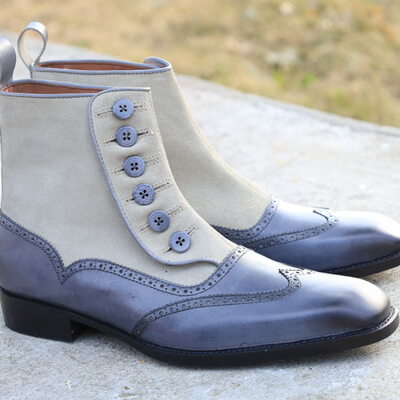 Crafted leather handmade men blue leather gray suede ankle high button boot