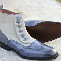 Crafted Leather Handmade Men Blue Leather Gray Suede Ankle High Button Boot - Thumbnail 1