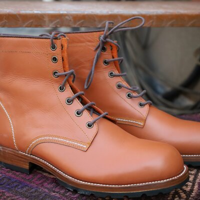 Crafted leather handmade men brown leather ankle high boot