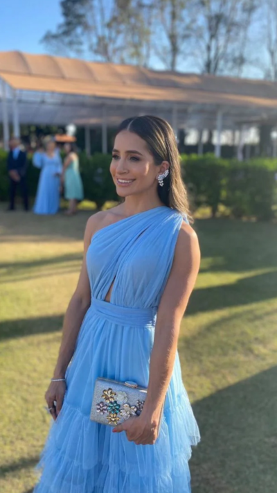 Elegant One Shoulder Blue Tulle Floor length Prom Dress