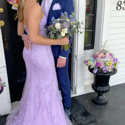 Off the shoulder a line purple tulle prom dresses