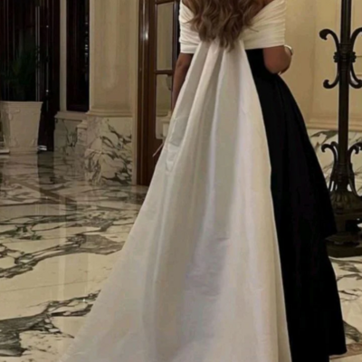 Luxury black and white satin prom dresses with removable tail