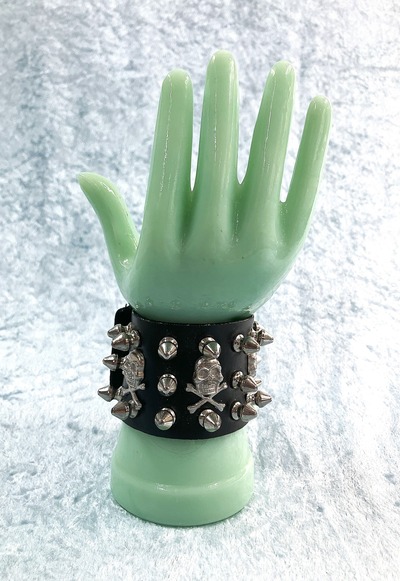 Skull Leather Wrist Band with Silver Skulls and Spikes
