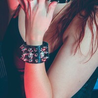 Skull Leather Wrist Band with Silver Skulls and Spikes - Thumbnail 3