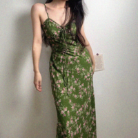 Beach Vacation Casual Green Floral Suspender Dress - Thumbnail 1