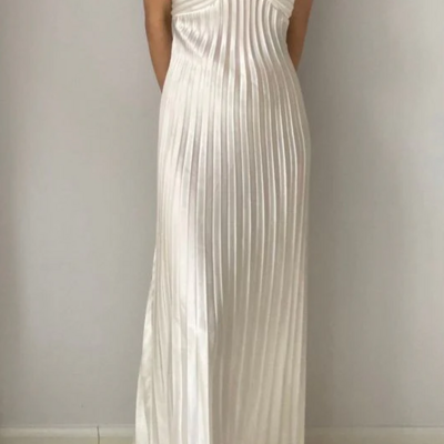 A-line spaghetti straps  ivory pleated long prom dresses - Thumbnail 1