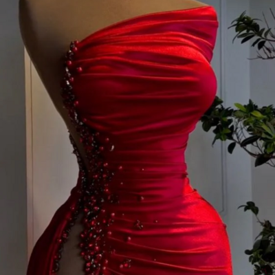 Sexy red satin long high slit prom dress with beaded  - Thumbnail 1