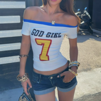 Retro digital and alphabet print one-shoulder short-sleeved T-shirt - Thumbnail 2