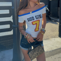 Retro digital and alphabet print one-shoulder short-sleeved T-shirt - Thumbnail 9