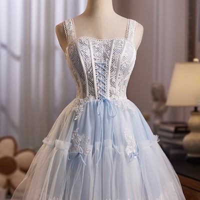 Blue tulle lace short a-line prom party dress