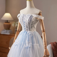 Blue Tulle Lace Short A-Line Prom Party Dress - Thumbnail 2