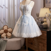 Blue Tulle Lace Short A-Line Prom Party Dress - Thumbnail 3