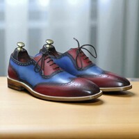 Men's Handmade Blue Burgundy Leather Dress Shoes - Thumbnail 1