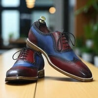 Men's Handmade Blue Burgundy Leather Dress Shoes - Thumbnail 3