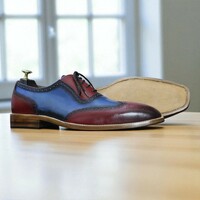 Men's Handmade Blue Burgundy Leather Dress Shoes - Thumbnail 5