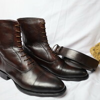 Crafted Leather Classic Dark Brown Leather Ankle High Lace up Boot with Matching Belt - Thumbnail 1