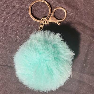 Teal faux rabbit pom pom fur ball keychain/car key ring/handbag keyring charm msm enterprisesinc msm 