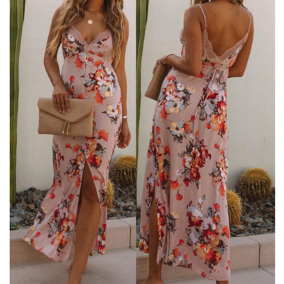 V-neck floral sexy lace sling split sleeveless dress - Thumbnail 1